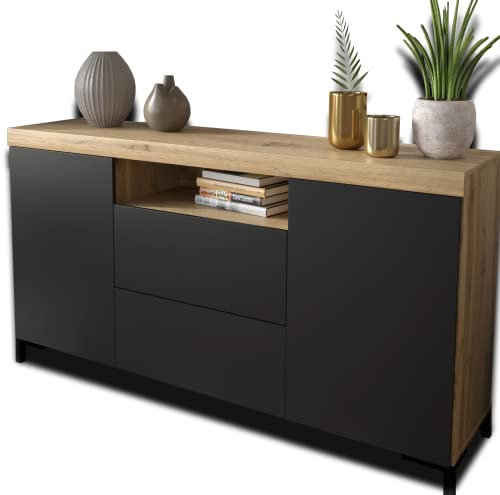 Domando Sideboard Ravello M2 Modern für Wohnzimmer Breite 164cm, Push-to-Open-System, hohe Schwarze Füße in Wotan Eiche und Schwarz Matt