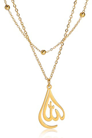 UNIFT Islamische muslimische Allah geschichteten Halsketten für Frauen Edelstahl Charme Wasser Tropfen Herzform Allah Anhänger Double Layer Halskette islamischen Schmuck (Gold)