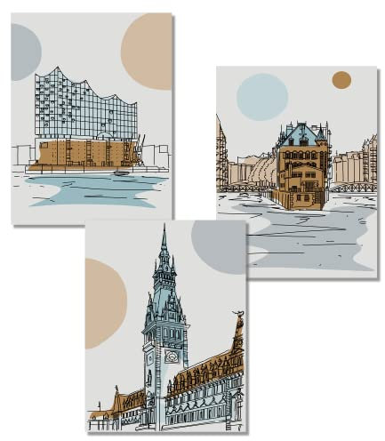 Vacentures® Premium Poster Set – Stadt Motive - Bilderwand für dein Zuhause – 3x 30x40 CM ohne Bilderrahmen (30x40 CM, Hamburg)