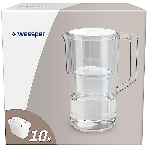 Wessper Wasserfilter Kanne 2,8L Aqua Max Basic, Set Wasserkanne und 10 Filter Kompatibel mit Brita Maxtra, Wasserfiltersystem Reduzierung von Kalk, Chlor - Weiß