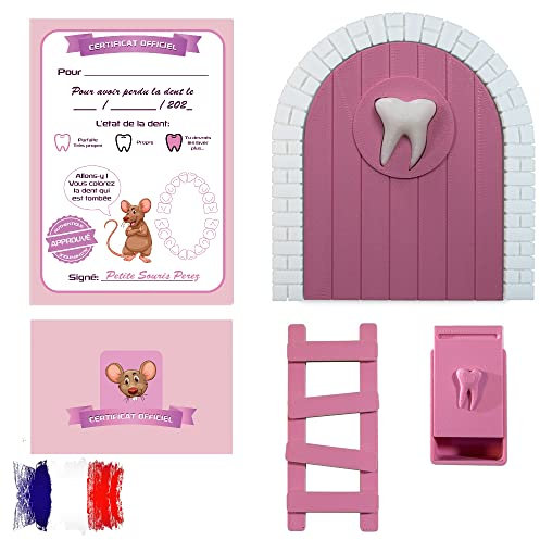 Myfuturshop® Puerta infantil para dejar dientes de leche al Ratoncito + Caja para los dientes, + Escalera + 4 certificados de Diente Limpio. Regalo para niño y niña. VERSION FRANCESA (ROSA)