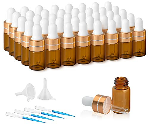 2ml Amber Glass Dropper Bottles, 24pcs Empty Mini Bottles with Dropper Pipettes, Refillable Small Sample Vials Container with Funnels and Eyedroppers for Essential Oils, Aromatherapy, Cosmetic