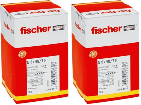 fischer - Cheville à frapper N 6 x 40/7 P à collerette fraisée et clou en acier électrozingué/Boîte de 50 (Lot de 2)