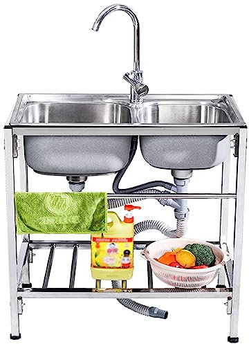 Fregadero para Camping Fregadero de Cocina de Acero Inoxidable Fregadero Comercial de Doble Cubeta con Estantes de Almacenamiento y Grifo de Pie para Restaurante Granja Garaje Interior Exterior