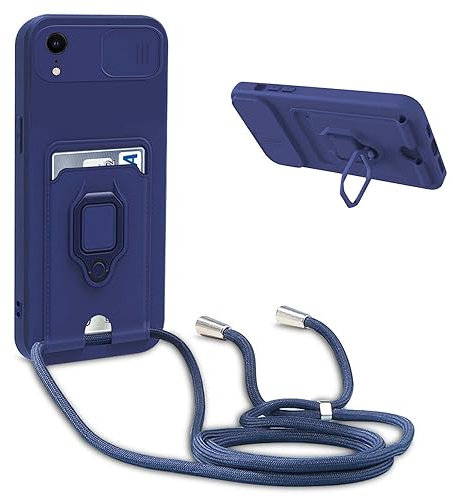 Cover Compatibile con iPhone XR con Cordino,Custodia con Cordino Silicone Cover,Protezione Fotocamera,360°Anello Supporto,Porta Carte,Blu