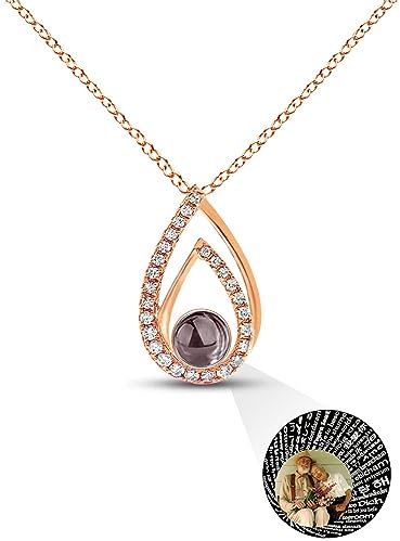 Auinniuz Gedenk Fotokette aus Sterling Silber – Projektionskette mit individuellem Bild – Halskette mit Foto Innen Rose Gold