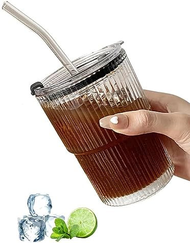 LATRAT Vasos de cristal acanalados, tazas de café con tapa y pajita, botellas de agua, tarro de conserva, agua con leche helada, zumo, vaso de 450 ml