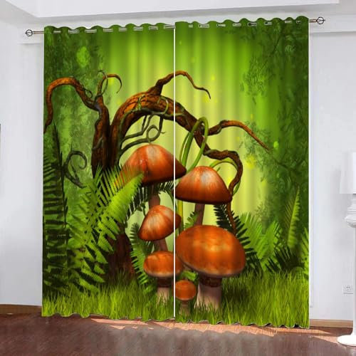 GIOVIA 3D Pilz Vorhang Abdunkelnde Wald Pilze Polyester Vorhänge mit ösen 2er Set Gardinen Blickdicht Verdunkelungs Geräuschreduzierung für Schlafzimmer Wohnzimmer B 220 X H 215 cm