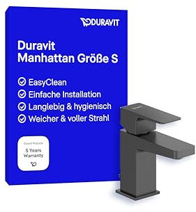 Duravit Manhattan wassersparende Waschtischarmatur, Größe S (Auslauf Höhe 76 mm), Wasserhahn Bad mit Zugstangen-Ablaufgarnitur, Armatur Waschbecken, Schwarz Matt