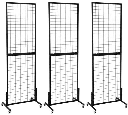 OUDUCK 3 Packs 1.8' x 5.7' Grid Wall Panels Standing Wire Grid, Display Rack with T-Base Wheels Freestanding Gridwall Panel Tower for Shows, Black
