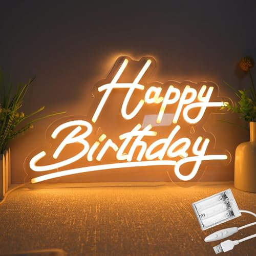 Ginsso Happy Birthday Neon Sign, Battery Operated, USB Powered Neon Sign for Wall Decoration, Adjustable Brightness, Happy Birthday Neon Signs (38 x 25 cm)