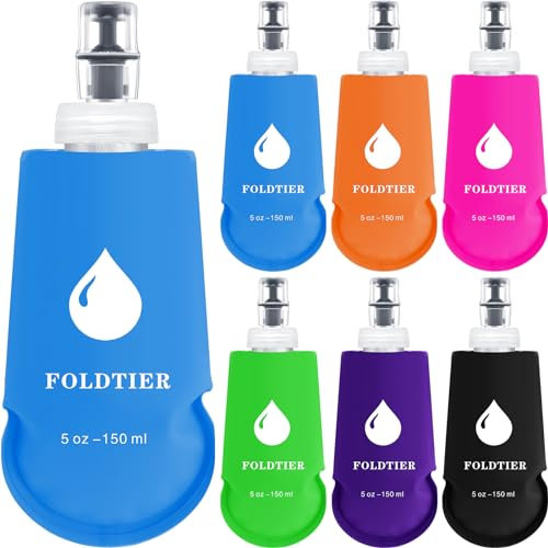 FoldTier 6 Pcs Soft Flask Set 5 oz (150 ml) Folding Water Bottle Collapsible Drinking Water Bags for Hydration Pack Ideal for Running, Hiking, Cycling, Etc.