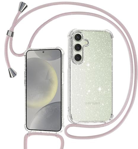 Tikgue Handyband für Samsung Galaxy S24 / Samsung Galaxy S25 Hülle mit Band, Handyhülle mit Kordel zum Umhängen Schutzhülle mit Kette Glitzer Transparent Weich TPU Silikon Bumper - Roségold