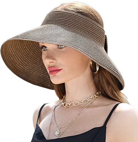 soul young Chapeau Femme Soleil Visière de Paille Bord Large Anti UV Capelines d'été Plage Pliable Bonnets UPF 50(café,Taille Unique)