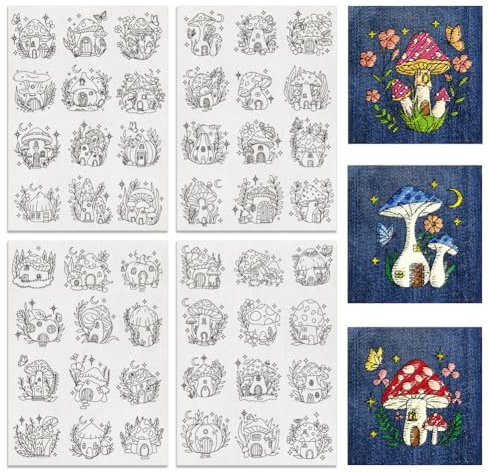 BENECREAT 4 Blatt 48 Stück Pilzhütte Wasserlösliche Stickerei, 29.7x21 cm Stick-And-Stitch-Stickpapierstabilisator Wasserlöslich Handnähen Für Hemden, Mäntel, Taschen