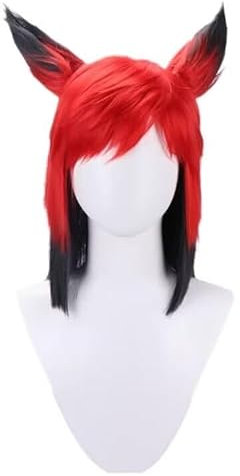 NiceLisa Rot Schwarz Mixed Schulter Länge Perücke mit 2-Ohren Anime Rollenspiel Hazbin Hotel Alastor Cosplay Perücken
