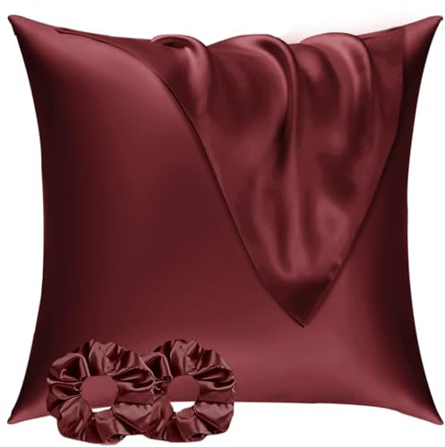 Vielit Satin Kissenbezug 80x80 2er Set & 2 Haargummis, Satin Kopfkissenbezug 80x80 Rot, Weich wie Seidenkissenbezug 80x80,Bessere Pflege als Silk Pillosecase,Kissenhülle Kissenbezug für Haar und Haut