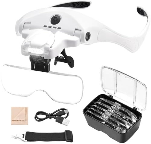 Anpro Lupe Mit Licht, 5 Abnehmbare Linsen (1X-3.5X), 4 LED Mit Einstellbarer Helligkeit, Stirnbandlupe Mit Zusätzlichem Kopfband Für Detailarbeiten, Schmuck, Uhrenreparatur, Handwerk