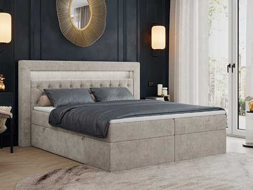 MKS MEBLE Boxspringbett 180x200 mit Led Beige, Bett 180x200 mit LED Kopfteil, Multipocket Matratze H4, Doppelbett mit Bettkasten Stauraumbett - Gold-6 - Beige Struktur