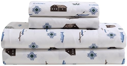 Beatrice Home Fashions Cozy Cabin 4-Piece Queen Microfiber Bedding Sheet Set with Deep Pockets Rustic Patchwork Plaid Deer, Lake Day