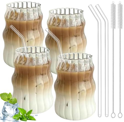 PRITOK Lot de 4 verres à café, tasses à expresso, latte macchiato - 500 ml - Verres à long drink pour café, thé, cola, soda, cocktails avec pailles en verre, brosses