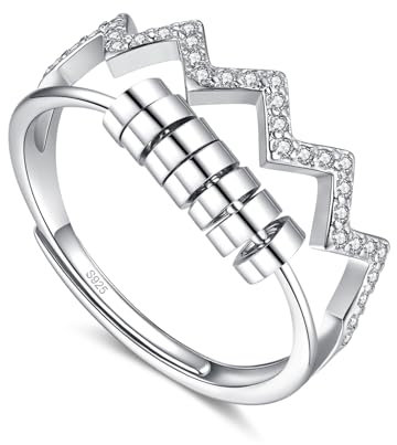 Glintara Silber Anxiety Rings, 925 Sterling Silber Angst Ring, Offen Einstellbar Anti Stress Ring, Wellen Spinner Fidget Ring mit Perlen Zirkon, Verstellbar Anti Stressrings für Anxiety Damen Mädchen