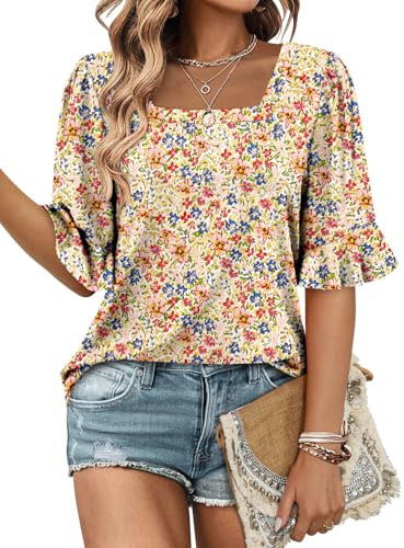 KISSMODA Womens Half Sleeve Tunic Tops Summer Square Neck Blouses Dressy Ruffle Sleeve Casual Shirts for Leggings