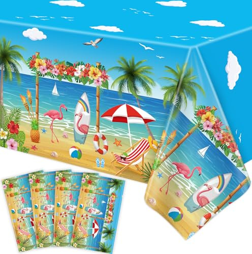 Tischdecke mit Strandthema, Aloha Luau, Hawaii-Geburtstagsparty, Tischdecke, Flamingo, Surfbrett, Einweg-Pool-Party-Dekorationen für Babypartys, Strand, Pool, Party, 213 x 130 cm, 4 Stück