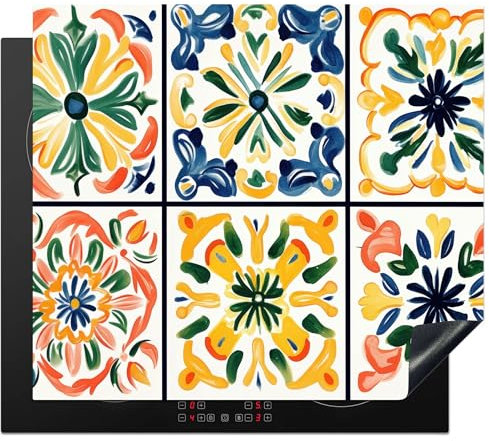 KitchenYeah© Herdabdeckplatte 59x52 cm Einteilig Ceranfeld Abdeckplatte Küche Deko Ceranfeldabdeckung Herdabdeckung Induktionsmatte Spanisch - Fliesen - Keramik - Blumen