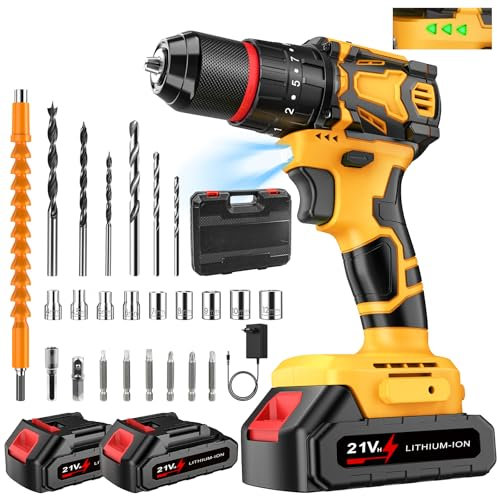 21V Perceuse-Visseuse Portative sans Fil,Visseuse Devisseuse Sans Fil avec 1/2 Batteries,pour Percer du Métal/Mur/Bois,1500 mAh,70Nm, Réglage de Couple 25+3,2 Vitesses,Lumière LED (Jaune-2 Batteries)