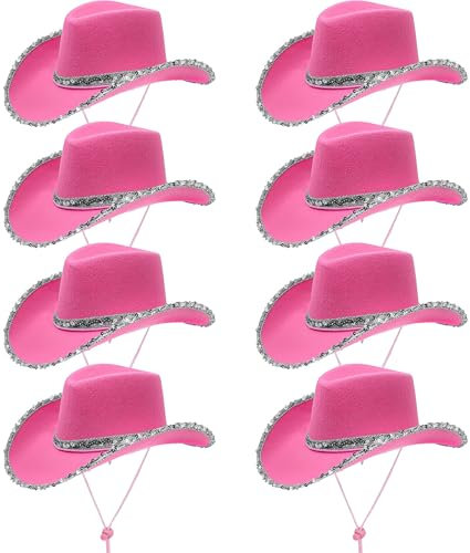Lot de 8 chapeaux de cowboy à paillettes roses pour femme, chapeau de cowgirl de campagne texane pour adulte, enterrement de vie de jeune fille, fête d'anniversaire