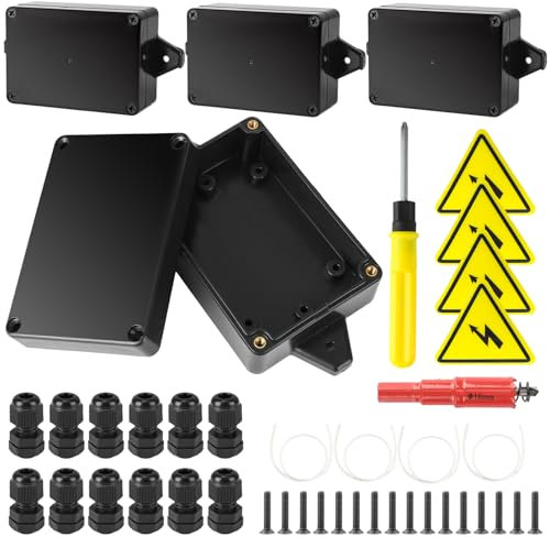 4 Stück Anschlussdose, IP67 Wasserdicht Kunststoffgehäuse, Abzweigdose Schwarz, verteilerdose wasserdicht mit 12 Kabelverschraubung, Sicherheitsschilder, Lochsäge 16mm, Schraubenzieher