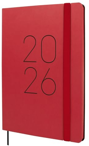 Finocam - Kalender 2026, Wochenansicht, vertikal, Januar - Dezember (12 Monate), A5, mit Gummizug und Punktband, weicher Einband Flexi glatt, Rot, Spanisch