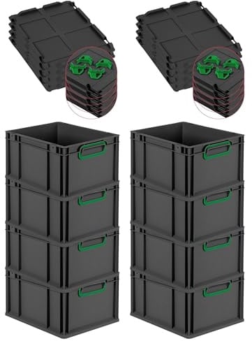 PROREGAL SuperSparSet 8x Eurobox NextGen Color mit Auflagedeckel & Schiebeschnappverschlüsse, HxBxT 22x30x40cm, 20L, Schwarz, Griffe grün geschlossen, Eurobehälter, Transportbox, Transportbehälter