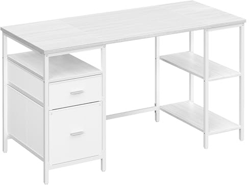 VASAGLE Computer Desk, Work Desk with Storage, 3 Shelves, 2 Drawers, 140 x 60 x 76 cm, for Home Office, Living Room, Modern Style, Maple White and Cloud White LWD104WF01