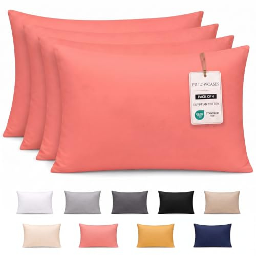 Pamposh 300 Thread Count 100% Egyptian Cotton Pillow Cases 4 Pack Breathable Ultrasoft Coral Pillow Covers