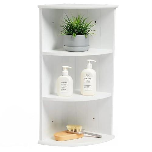 Thrink 3 Tier Corner Shelf Unit – Freestanding or Wall Mounted Storage Rack with Tongue & Groove Design – Stylish White Bathroom, Living Room, Kitchen or Hallway Shelving Display Stand (White)