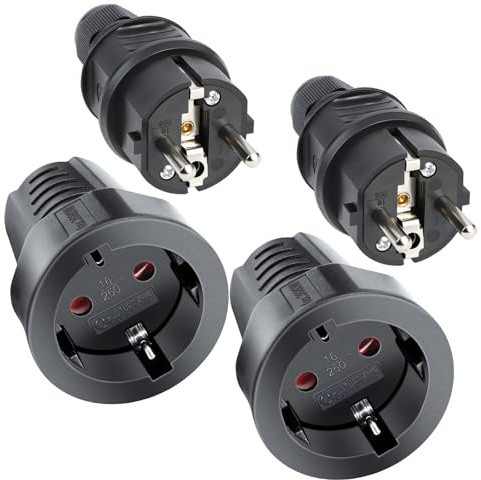 AXFEE 2x Enchufe Macho + 2x Clavija Enchufe Hembra, 250V 16A, Negro | Toma de corriente empotrada, enchufe de caucho IP44, duradero y resistente a los daños, para uso en interiores y exteriores