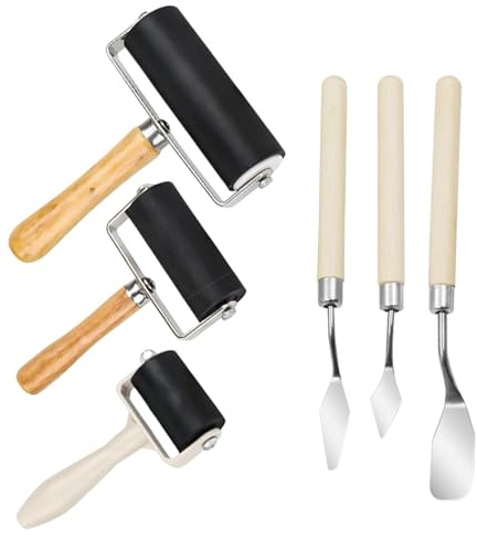 6Pcs Brayer Roller Set, 3 Rubber Brayers and 3 Stainless Steel Scrapers | Printmaking Ink Roller for Block Lino Printing Crafts