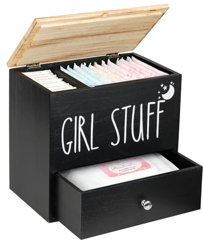 Worephu Wooden Tampon & Pad Holder Organiser Box with Lid - Rustic Bathroom Storage for Feminine Hygiene Products, Large Capacity Period Caddy
