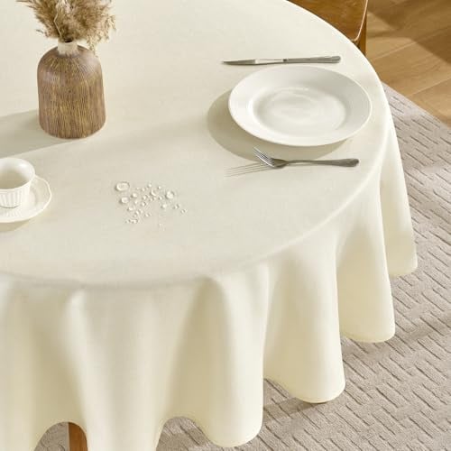 FIBORIA runde Tischdecke Outdoor 120 cm Abwaschbar Tischdecken Wasserabweisende Tischwäsche Leinenoptik Abwischbare kleine Tischtuch BeigeTable Cloth für Frühling,Cafés,Garten,Party,Geburtstag