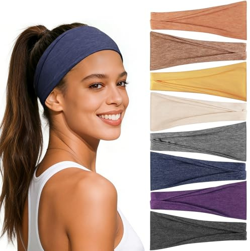 Awumbuk Stirnband Damen, 8er Pack, Mehrfarbig, Print, Tie-dye Weiches Haarband Damen Dünn, Elastisch Rutschfest Schweißableitend, für Yoga Laufen Fitness Workout
