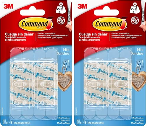 Command Mini Ganci Adesivi Trasparenti per Decorazioni Natalizie, 6 Ganci e 8 Strisce - Senza Forare, Danneggiare il Muro o Lasciare Residui Appiccosi, Tenuta: 225g (Confezione da 2)