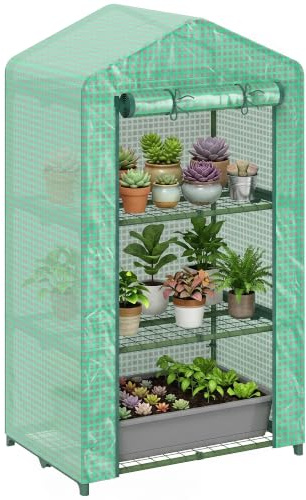 Outsunny Invernadero de Jardín de 3 Niveles Exterior 69x49x125 cm Verde | 3 Estantes, Puerta Enrollable, Marco de Metal, Cubierta de PE, Anti-UV, Impermeable, para Terraza, Patio