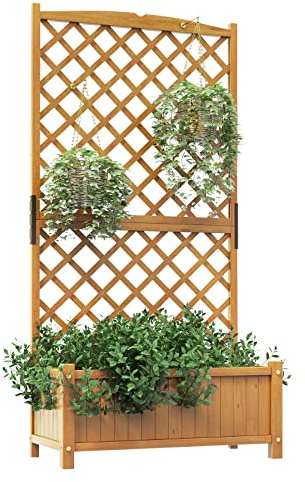 COSTWAY Blumenkasten mit Spalier, Tannenholz, 180 cm, Pflanzkübel mit Sichtschutz, Pflanzkasten für Kletterpflanzen, Hochbeet mit Rankgitter & Drainageloch, Blumenkübel für Garten Hof Balkon (Retro)