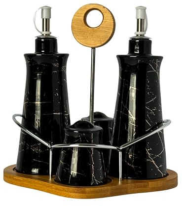Oil & Vinegar Dispenser Set with Stand, Black Marble Glass Bottles with Pourers, Salt & Pepper Shakers, Kitchen Tabletop Condiment Set