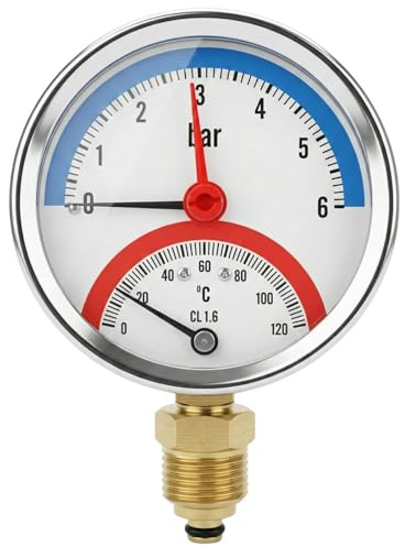 Lumonic Thermomanometer 6bar 0-120°C | 1/4 + 1/2 Zoll (Adapter) | Anschluss unten | Ø 80mm, große Skala | Heizung Manometer | Metallgehäuse