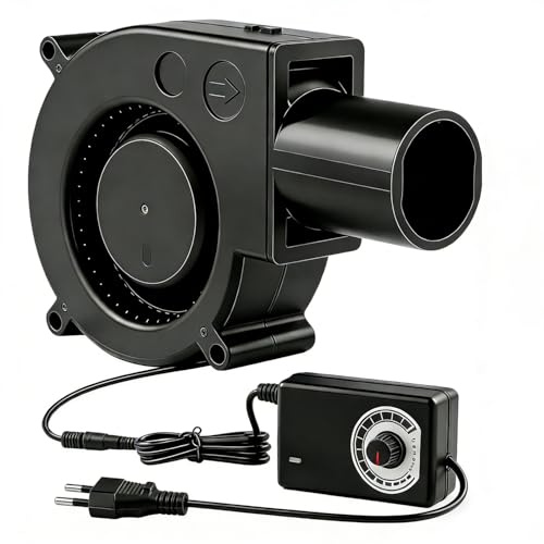 Calenxy Regelbar Radiallüfter 12V mit Drehzahlregler & Luftauslass, Gebläse Lüfter 220V Regelbar AC Radial Lüfter DC 3-12V, Belüftungslüfter für Camping BBQ Kühlung Belüftung Aufblasbar Kaminofen