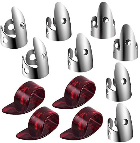 Agmoctz Einstellbares Finger-Daumen-Pick-Set EnthäLt 8 Edelstahl-Finger-Picks und 4 Kunststoff-Daumen-Picks für Gitarren-Banjo
