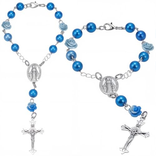 SUNNYCLUE 1 Schachtel Mit 2 Rosenkränzen Zur Befestigung Am Rückspiegel Personalisierter Stilvoller Auto Rückspiegel Rosenkranz Blaues Segenskreuz Kruzifix Schutzanhänger Geschenk Für Frauen Und Männe